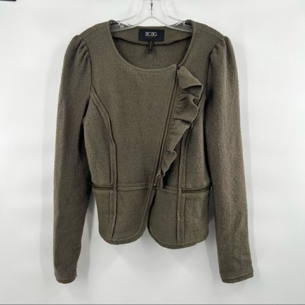 BCBG Paris green asymmetrical zipper jacket size M ruffle detail